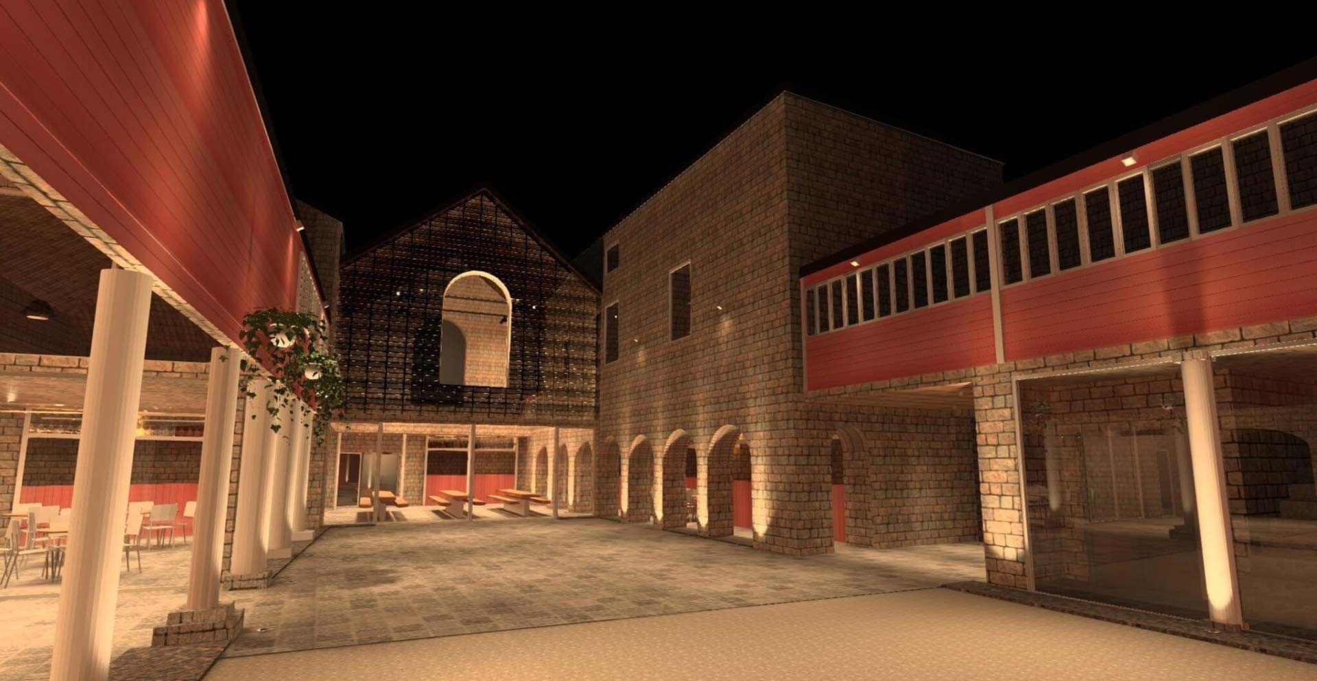 The Buttermarket architectural representation visual. The middle is open space. There is a lot of exposed brick and pillars.